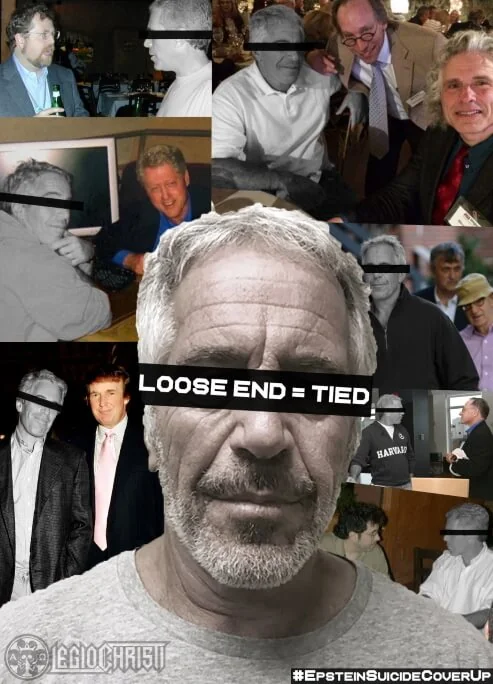 A collage of Epstein meeting famous people in the background with a photo of Epstein with a black bar over his eyes and text saying 'loose end = tied' in the foreground