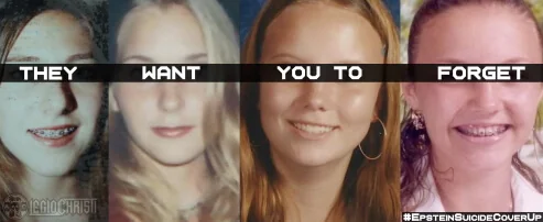 Photos of trafficked girls with black bars covering their eyes and text saying 'They want you to forget'