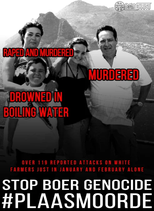 A photo of a murdered farmer family and text explaining the brutal ways they were murdered in