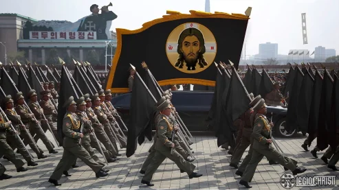 A photo of a North Korean military parade with all the symbols swapped for Christian ones