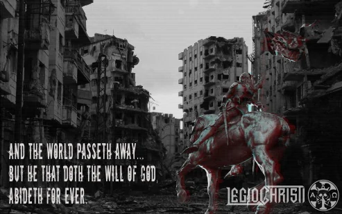 A photo-bashed image with a knight riding through a destroyed city with a passage from the book of 1st John