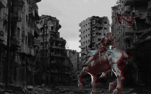 A photo-bashed image with a knight riding through a destroyed city with no text