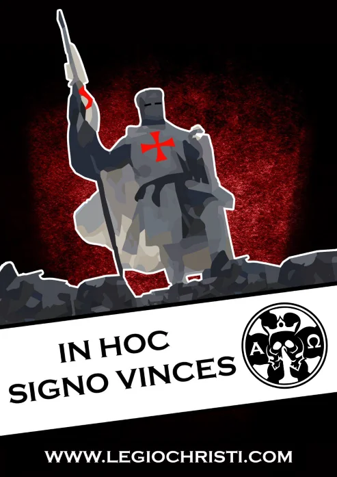A flyer with the graphic of a templar knight with 'In Hoc Signo Vinces' and LC logo under it