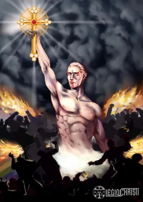 A painting of a man holding up a cross, the light of which burns all the dark homosexual figures alive