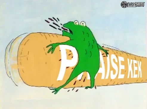 A still from Beavis & Butthead's Frog baseball with 'praise kek' imposed on the bat