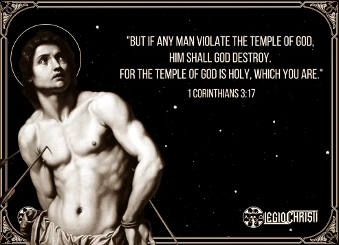 An image of Saint Sebastian with a passage from 1st Corinthians