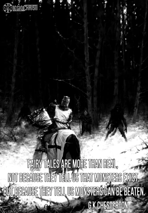 A painting by Jakub Rozalski of a teutonic knight staring down a werewolf with a G.K. Chesterton quote